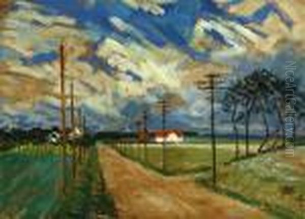 Country Road Flanked By Homes And Farmland Oil Painting by Joseph Morris Raphael
