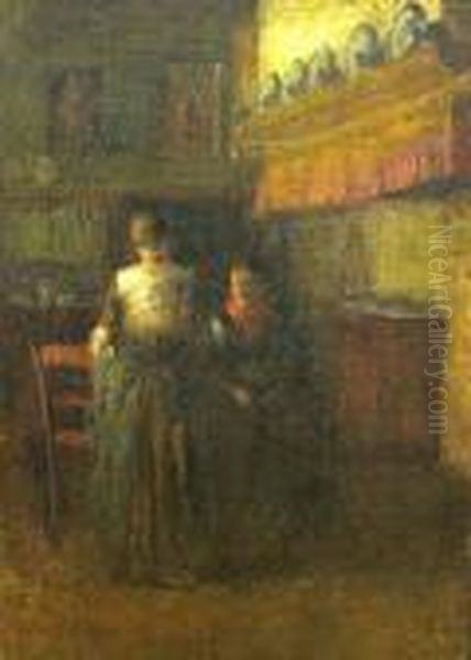 Two Women In An Interior Oil Painting by Joseph Morris Raphael