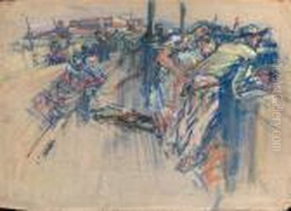 Figures On A Bridge, An Industrial Site In The Background Oil Painting by Joseph Morris Raphael