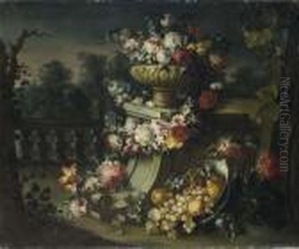 Vaso Con Fiori, Una Ghirlanda Di
 Fiori E Un Bacile Con Pere Ed Uva,in Un Giardino All'italiana Oil Painting by Michele Antonio Rapous