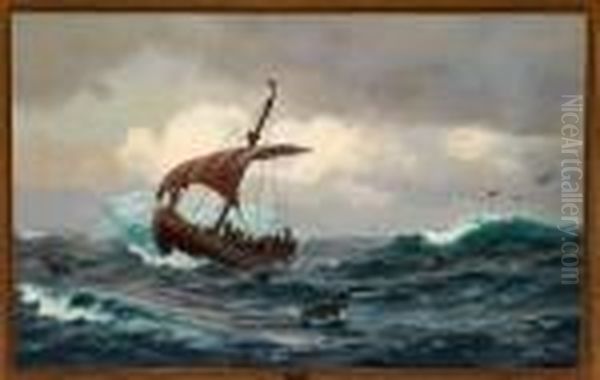 Erik Den Rode And His Crew On 
Board A Viking Ship Along The Coast Line Of Greenland In The Year 1000 Oil Painting by J.E. Carl Rasmussen