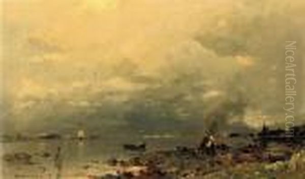 Activities By A River Oil Painting by Georg Anton Rasmussen