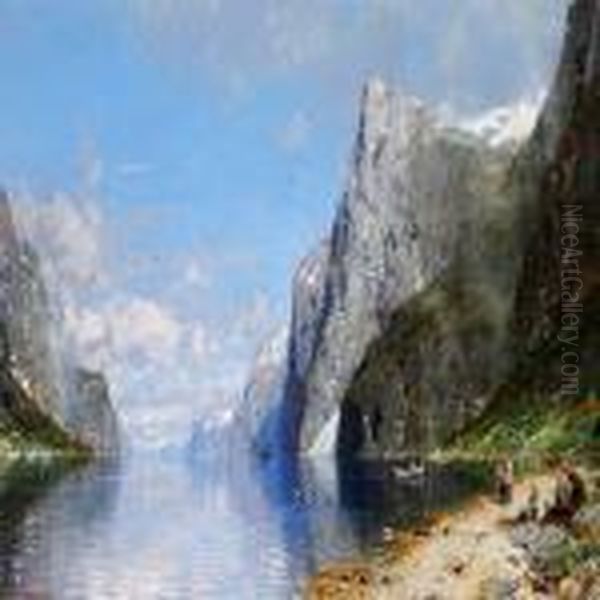 A Family On A Beach In A Norwegian Fiord Surrounded By Mountains Oil Painting by Georg Anton Rasmussen