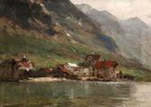 Fischerdorf Am Fjordufer Oil Painting by Georg Anton Rasmussen