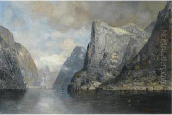 Stigende Skyer Over Fjord (clouds Rising Over A Fjord) Oil Painting by Georg Anton Rasmussen