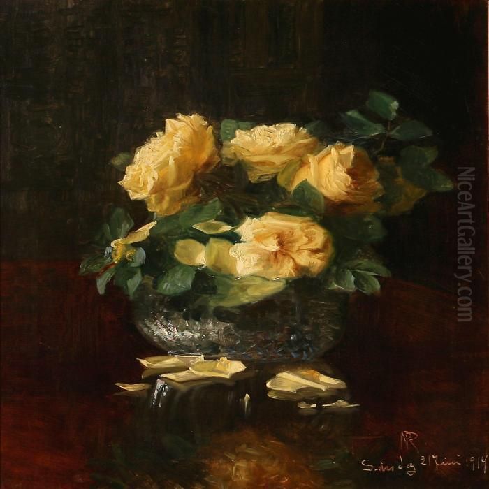 Yellow Roses In A Vase Oil Painting by Niels Pieter Rasmussen