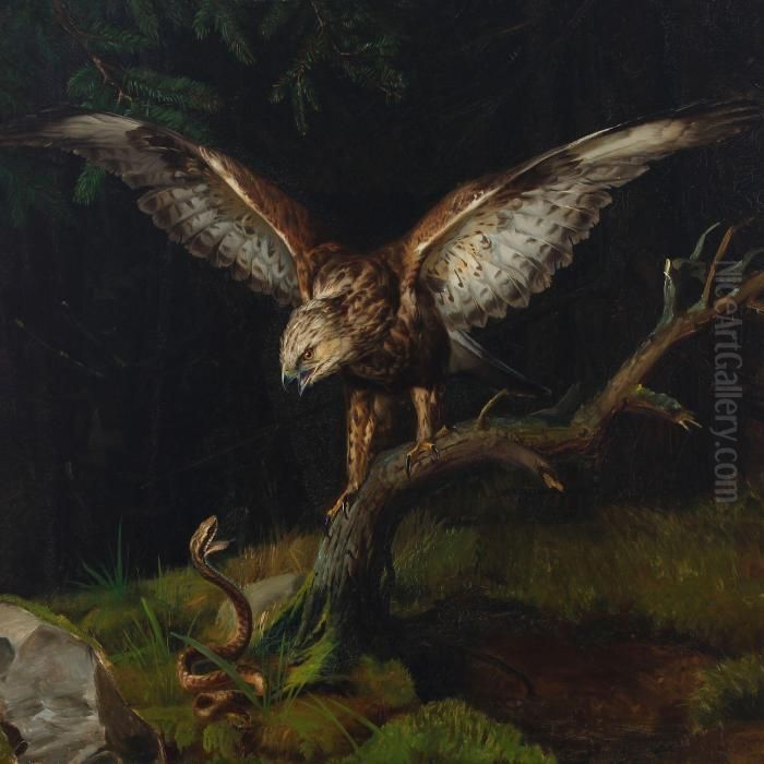 A Common Buzzard And A Viper Oil Painting by Niels Pieter Rasmussen