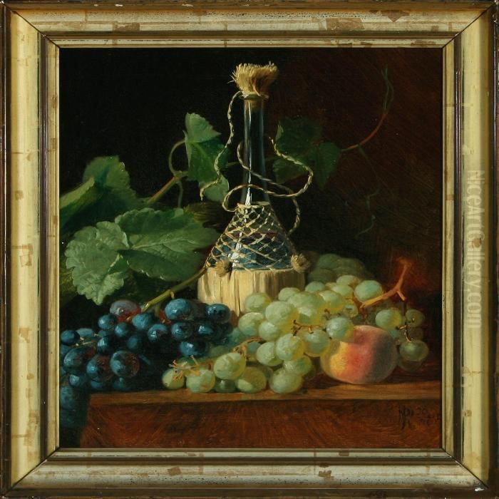 Still Life With Wine Bottle, Peach And Grapes Oil Painting by Niels Pieter Rasmussen