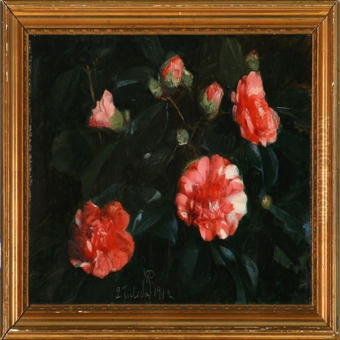 Red Camellia Oil Painting by Niels Pieter Rasmussen
