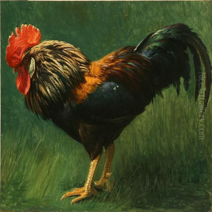 A Cock In The Grass Oil Painting by Niels Pieter Rasmussen