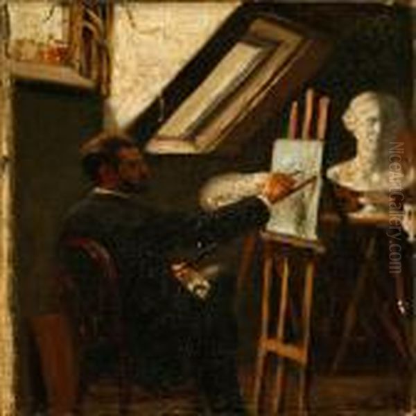 The Artist's Self Portrait In His Studio Oil Painting by Eiler Rasmussen-Eilersen