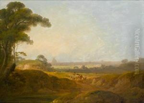 A Landscape With A Peasant 
Pasturing His Flockin The Roman Campagna; And A Landscape At Sunset With
 A Peasant Andhis Flock Resting By The Lakeside, A Town In The 
Background Oil Painting by John Rathbone