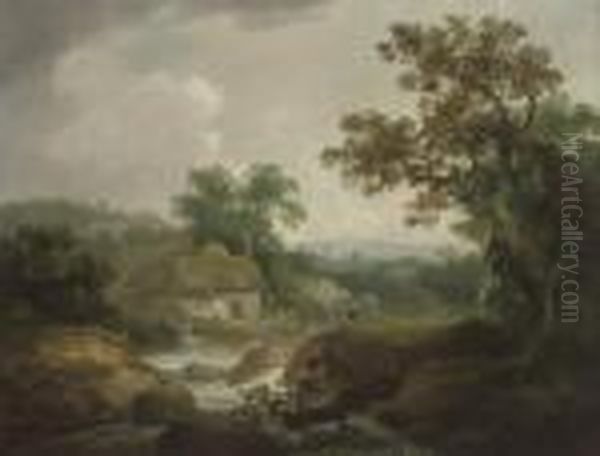 A Wooded River Landscape, 
Traditionally Identified As Cumberland, With Figures By A Mill, A Town 
Beyond Oil Painting by John Rathbone