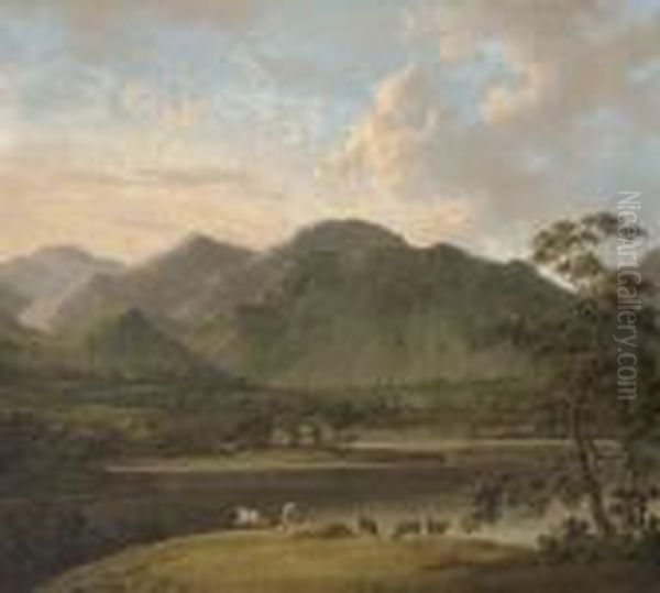 View Of Coniston And Weatherlam,
 With Cattle In The Foreground, Andconiston Old Hall Beyond Oil Painting by John Rathbone