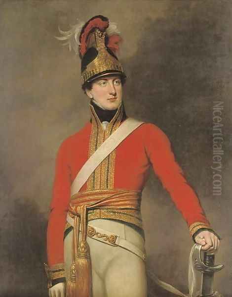 Portrait of an officer of the 1st King's Dragoon Guards, three-quarter-length, wearing the regiment's Waterloo helmet Oil Painting by George Dawe