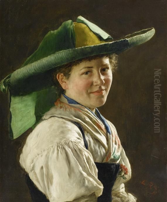 Portrait Of A Dirndl In Costume Oil Painting by Emil Rau