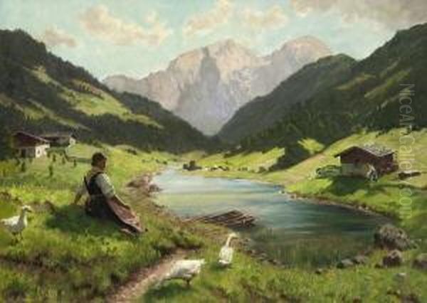 Junge Gansehirtin Am
 Gebirgssee. Oil Painting by Emil Rau