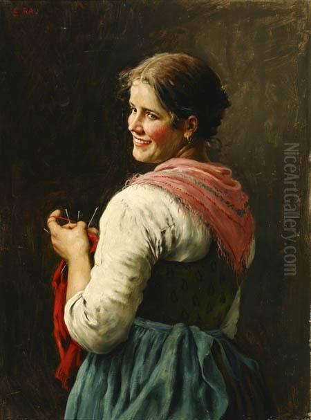 Peasant Girl Knitting Oil Painting by Emil Rau