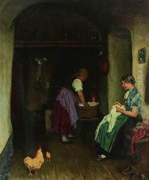 Zwei Wascherinnen In Der
 Bauernkuche. Oil Painting by Emil Rau