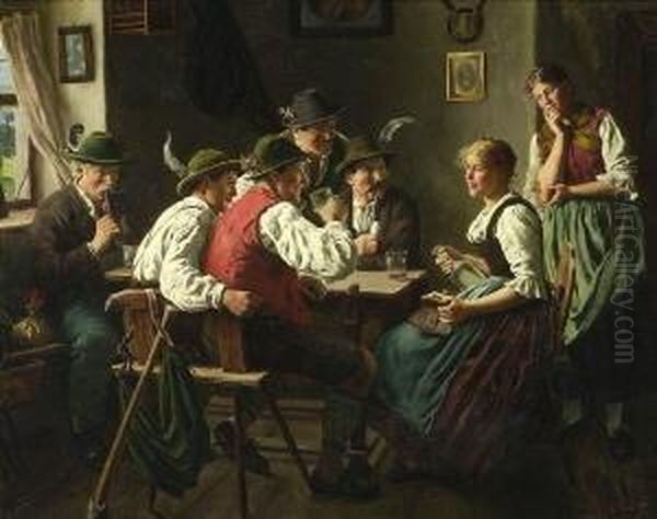 Jager Und Holzknechte In
 Angeregter Unterhaltung Mit Der Kellnerin Oil Painting by Emil Rau
