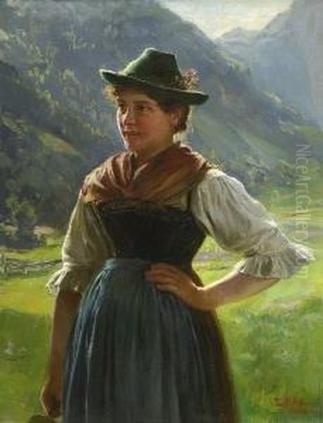 Dirndl In
 Gebirgslandschaft. Oil Painting by Emil Rau