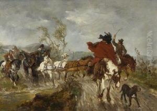 Reise Bei Schlechtem
 Wetter. Oil Painting by Wilhelm Carl Rauber