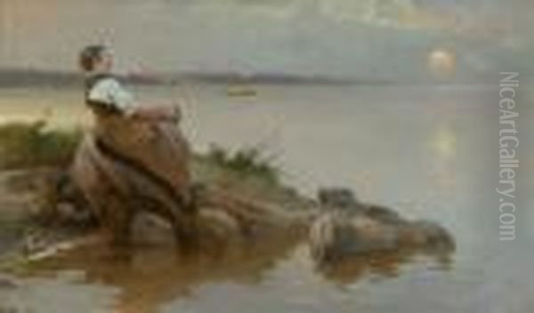 Abendstimmung Am
 Chiemseeufer. Oil Painting by Karl Raupp