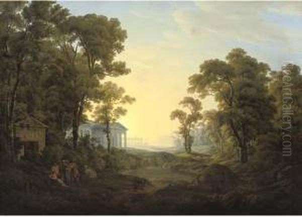 A Wooded Landscape With Figures 
In Ancient Dress By A Classicaltemple, Other Classical Buildings Beyond Oil Painting by Josef Rebell