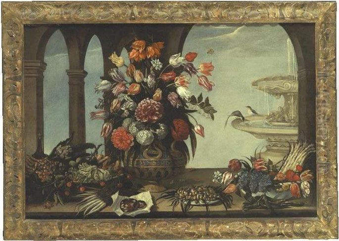 Still Life Of Flowers In A Vase,
 Artichokes, Lettuce, Pears, Fraises-de-bois And Cherries In A Bowl, 
Some Sliced Salami, Mushrooms On A Plate, Together With Flowers And 
Asparagus In A Bowl, A Fountain And Arcade Beyond Oil Painting by Giacomo Recco