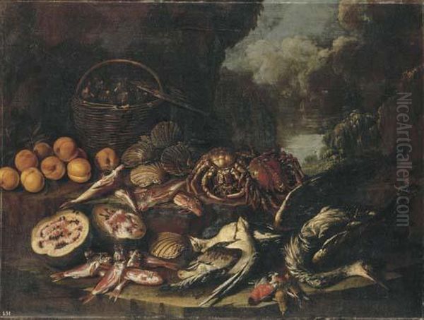 Figs In A Basket, Peaches, A 
Watermelon, Scallops, Crabs, Dead Fishand Birds On A Ledge In A 
Landscape Oil Painting by Giacomo Recco