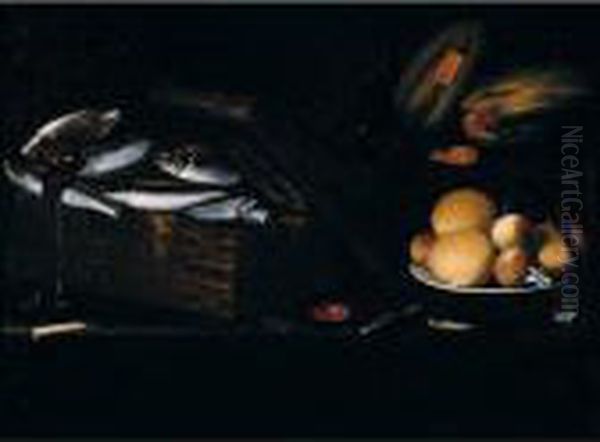 Still Life Of Fish And Squid In A
 Basket, Oranges And Peaches On A Plate, Together With Melons And A 
Knife, Arranged Upon A Table-top Oil Painting by Giuseppe Recco