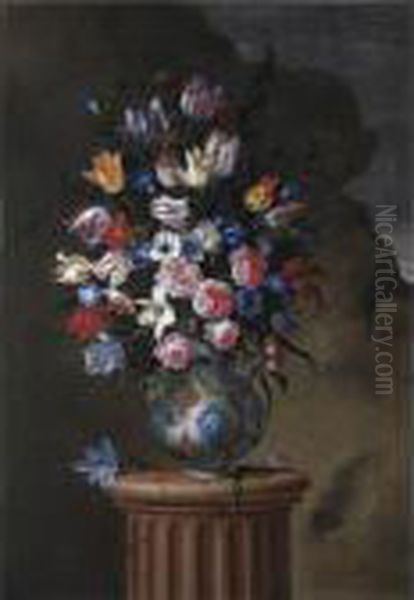 Natura Morta Con Tulipani, Rose,
 Anemoni, Campanule E Altri Fiori In Un Vaso Di Maiolica, Su Una Colonna Oil Painting by Giuseppe Recco
