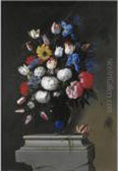 Natura Morta Con Tulipani, Iris,
 Girasole, Peonie, Anemoni E Altri Fiori In Un Vaso Di Vetro, Su Una 
Base Di Pietra Oil Painting by Giuseppe Recco