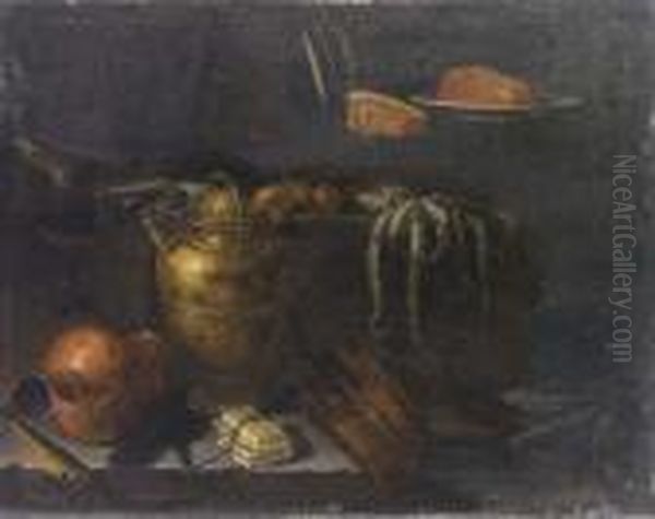 Pesci E Vasi Di Rame, Bacile Di 
Ottone E Altra Suppellettile Con Pesce, Un Polipo E Cipolle, Su Mensole 
Di Pietra Oil Painting by Giuseppe Recco