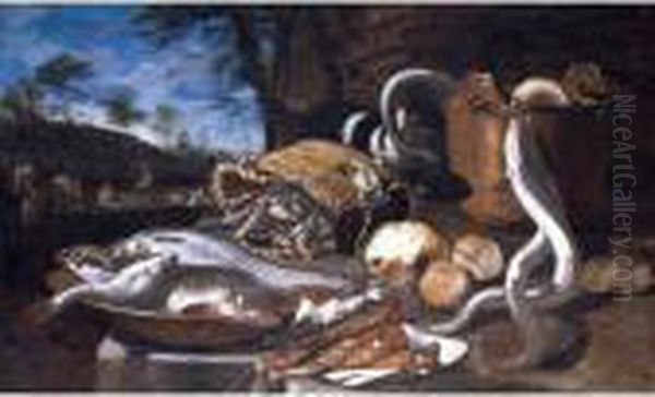 A Still Life With Various Fish 
In A Basket And Bowls, Eels, A Cat And Fruit, All Arranged Upon A Stone 
Platform, A Landscape With Fishermen Beyond Oil Painting by Giuseppe Recco