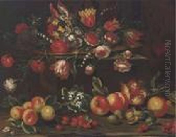 Carnations, Tulips, Roses, 
Narcissi And Other Flowers In A Dish Ona Ledge With Pomegranates, 
Cherries And Nuts Below Oil Painting by Giuseppe Recco