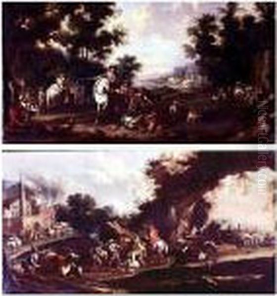 An Elegant Party Resting After A
 Hunt And An Ambush With Bandits Attacking Travelers And Abducting A 
Nun: A Pair Of Paintings Oil Painting by Christian Reder