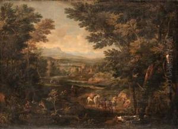 An Extensive Italianate River 
Landscape With Travellers Andpackmules On A Track, A Villa Beyond Oil Painting by Christian Reder