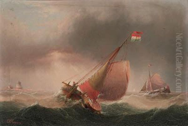A Fishing Boat And Other 
Shipping In Choppy Waters; And A Dutchbarge In Choppy Waters, A 
Lighthouse Beyond Oil Painting by Edward King Redmore