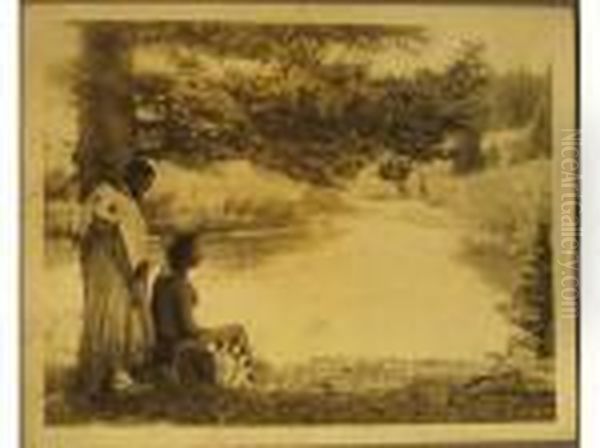 Fish Wolf Robe And Princess Dawn
 Mist Of The Blackfeet Tribe On The Banks Of The Cutbank River In 
Glacier National Park Oil Painting by Roland W. Reed