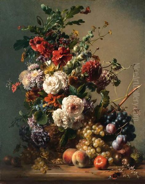 Dahlias, Nasturtiums, Bourbon 
Roses, Poppies, Astras And Buttercupsin A Copper Ewer With Plums, Grapes
 And Peaches On A Marbleledge Oil Painting by Hendrik Reekers