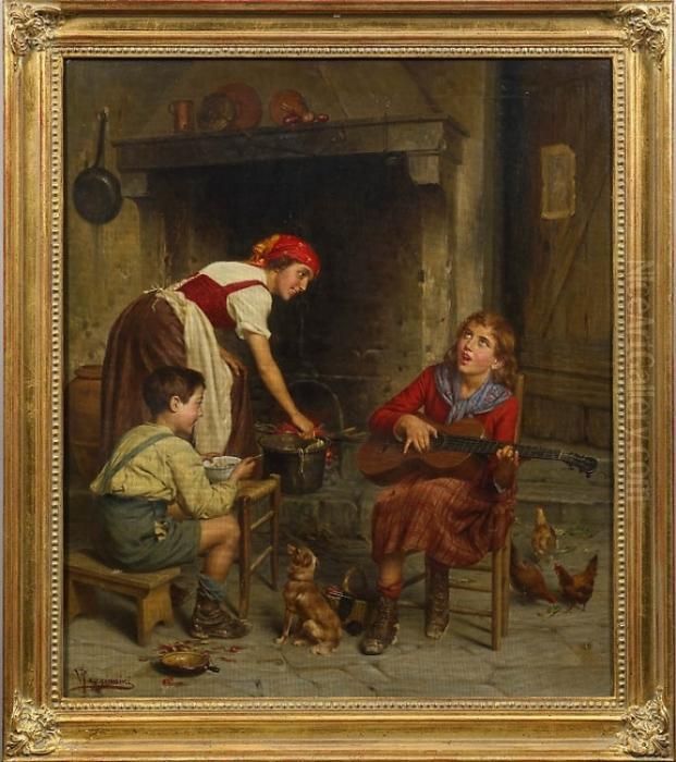 In Einem Einfachen Interieur Zur
 Gitarre Singendes Bauernmadchen, Dem Die Junge Mutter Und Ihr Bruder 
Erheitert Zuhoren. Uberaus Stimmungsvolle, In Der Stofflichkeit Und Der 
Charakterisierung Der Figuren Meisterhafte, Fein Gemalte Genreszene. 
Regg Oil Painting by Vittorio Reggianini