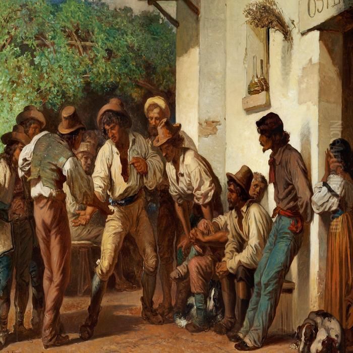 Italian Morra Players Outside An Osteria Oil Painting by Regnault Henri