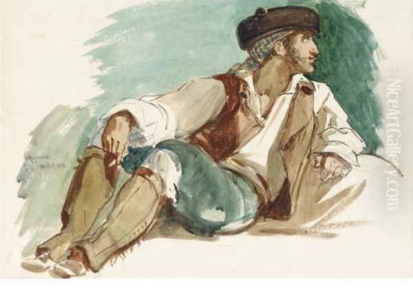 A Young Spaniard Reclining, Smoking A Cigarette Oil Painting by Regnault Henri