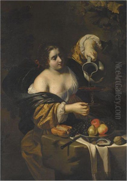 A Young Woman Pouring Red Wine 
From A Pitcher Into A Glass, A Stilllife Of Grapes, A Pear And Apples On
 A Silver Platter, A Knife Andbread-roll, And Oysters Nearby Oil Painting by Niccolo Renieri (see Regnier, Nicolas)