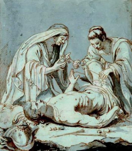 San Sebastiano Curato Da Due Donne Oil Painting by Niccolo Renieri (see Regnier, Nicolas)