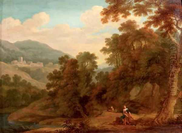 A mountainous wooded landscape with the Ecstasy of Saint Francis Oil Painting by Gaspard Dughet