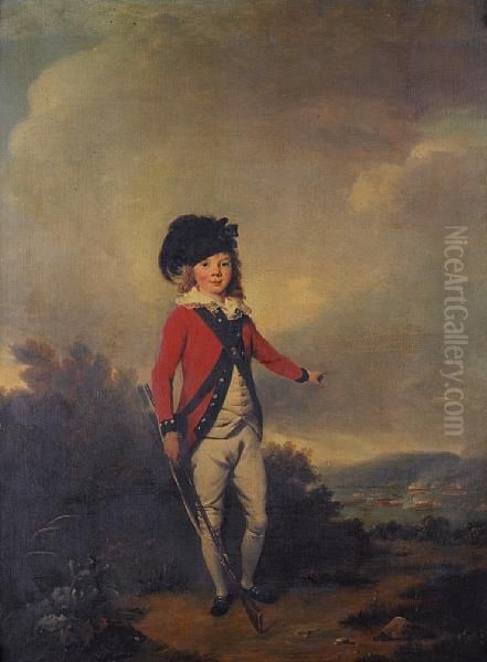 Portrait Of John Windham Dalling
 As A Youngboy, Full-length, Dressed In The Uniform Of A Militiaman, 
Holding Arifle, Standing In A Landscape And Pointing To A Military 
Exercisebetween Redcoats In The Distance Oil Painting by Philip Reinagle