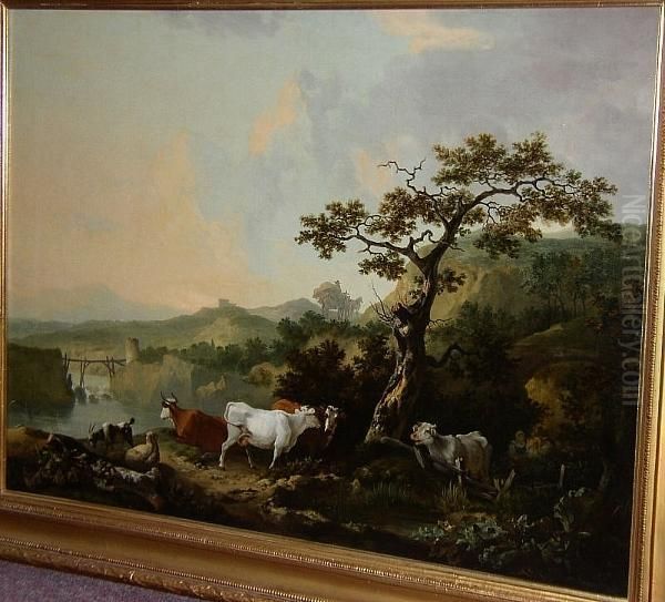 A Pastoral Scene With Cattle, A 
Sheep And A Goat Grazing By A River, A Lady Seated Listening To A Piper,
 A Traveller With Horse And Cart Beyond, Signed And Dated 'p. Reinagle 
1784', Oil On Canvas Oil Painting by Philip Reinagle