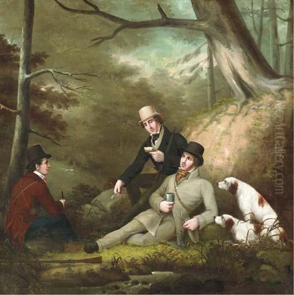 Sportsmen Taking Lunch By A 
Stream, In A Woodland Setting; Asportsman Out Shooting With His Spaniels
 In The Woods Oil Painting by Philip Reinagle